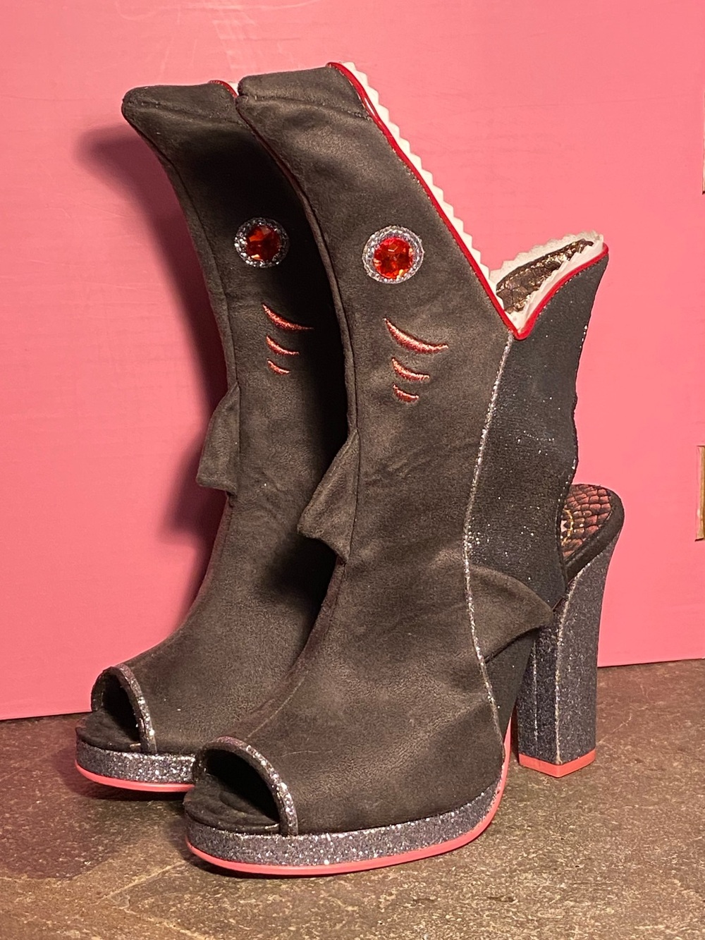 RARE Irregular Choice SHARK BITE boots,open toe,platform heels,shark face/teeth